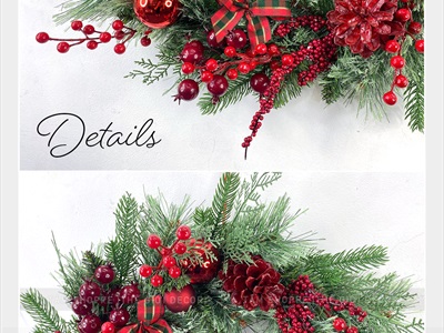 Vòng nguyệt quế 4 loại lá nơ caro đỏ ĐK 55 - 60cm VNGQ-X-42